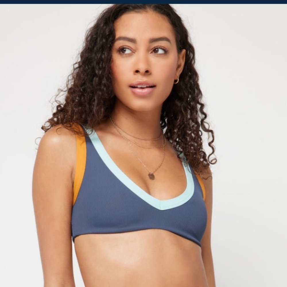 L*Space LaLa‎ Ribbed Pullover Bikini Top in Slate, Light Blue Trim, X-Large, NWT